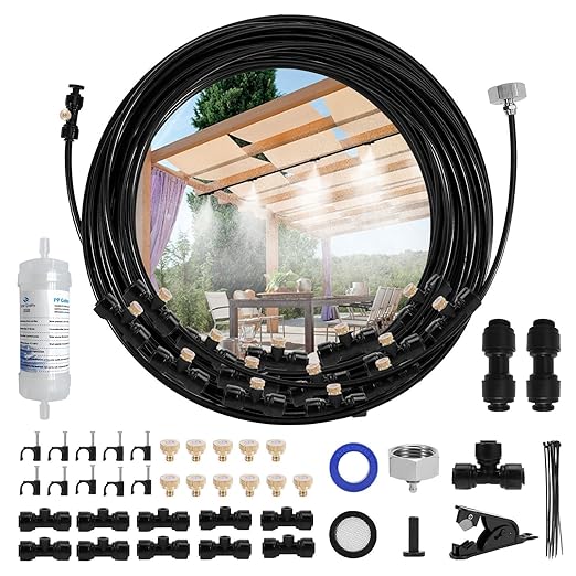 Misters for Outside Patio, 33FT Misting Cooling System Kit with Water Filter for Plants with 10 Brass Mist Nozzles and Brass Adapter(3/4"), Outdoor Mister for Porch Patio Garden Greenhouse Trampoline