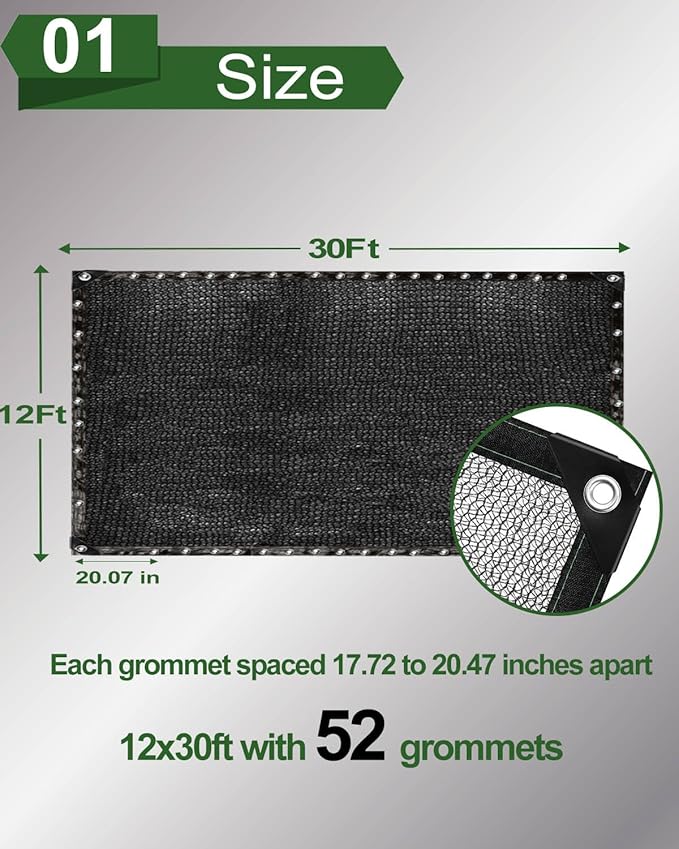 vensovo 30% Sunblock Shade Cloth Net Black Resistant - 12x30 Ft Garden Shade Mesh for Plant Cover, Greenhouse, Chicken Coop, Kennels, Tomatoes Plants