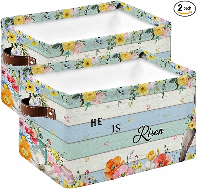 Easter Storage Bins Cubes Waterproof Cloth Storage Basket,Spring Farmhouse Bunny Flower Teal Blue Wood Grain Foldable Storage Bags for Shelf Clothes Storages Organizers with Handles 15x11x9.5 in 2PCS