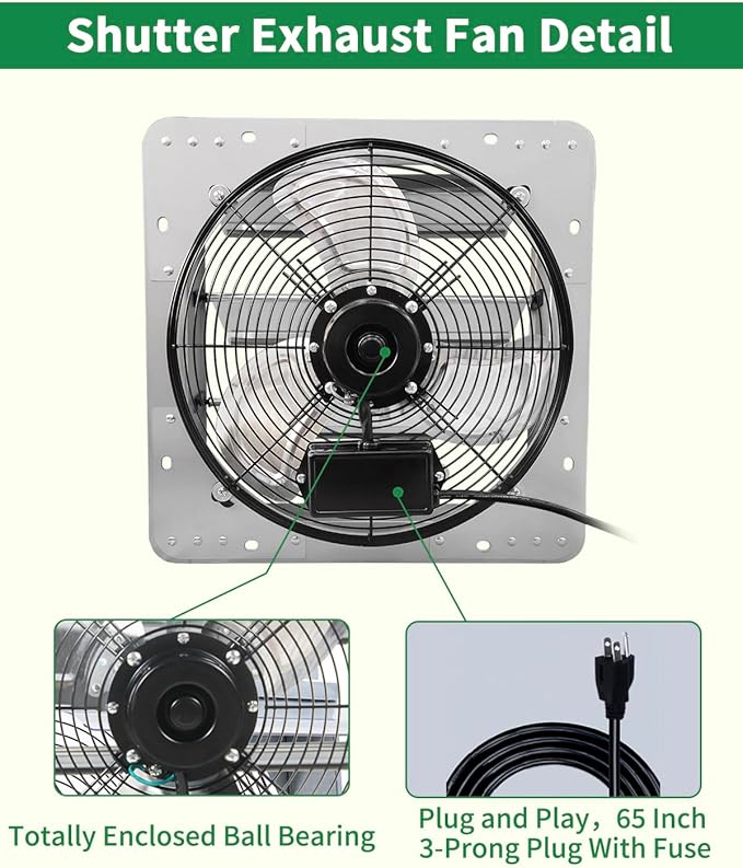 14 Inch Shutter Exhaust Fan, Vent Fan with Power Cord Wall-Mount, High Speed 1520CFM for Garages, Attic, Shops, Greenhouse