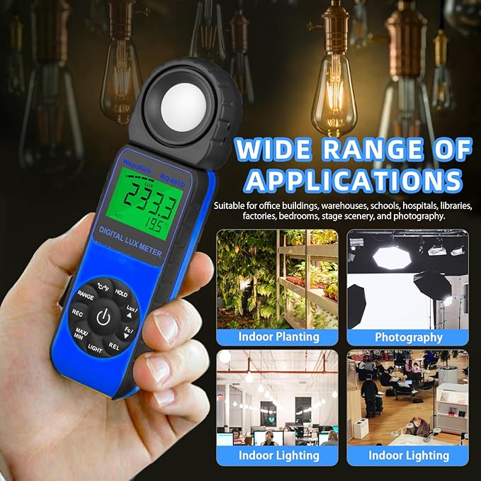 Digital Light Meter WapoRich RQ-881D Illuminance Tester w/Rotatable Sensor 1-400,000 Lux/FC for LED White Light, Plants, Photography, Home & Industrial Use