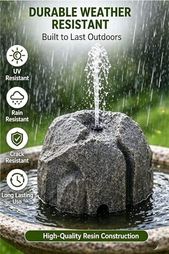 Realistic Granite Rock Solar Bird Bath Fountain - Solar Powered Bird Bath Fountain with Pump and 10 Nozzles, Outdoor Water Feature Resin Stone Look for Garden Pond Patio Yard Decor (Gray)