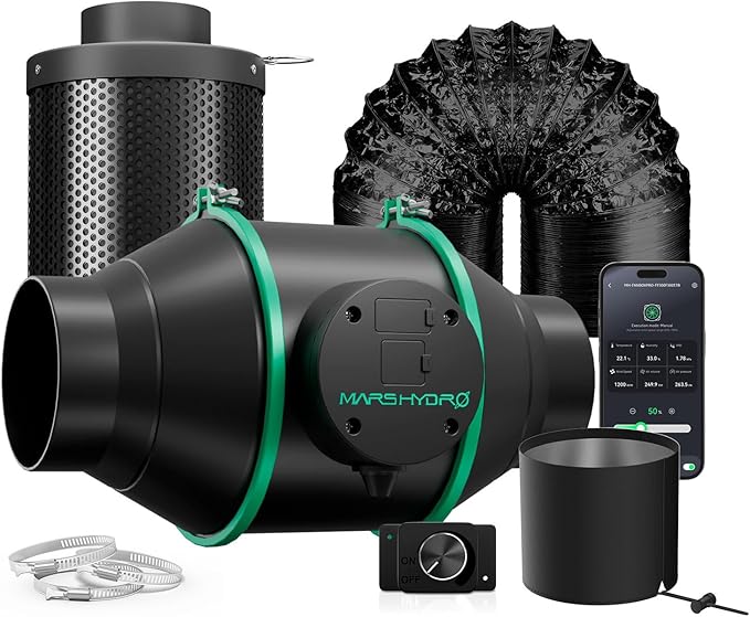 MARS HYDRO iFresh 4'' Inline Duct Fan Combo,Quiet Grow Tent Ventilation System Kit with Variable Speed Controller,Carbon Filter and Ducting, Exhaust Fan Kit for Grow Room Cooling