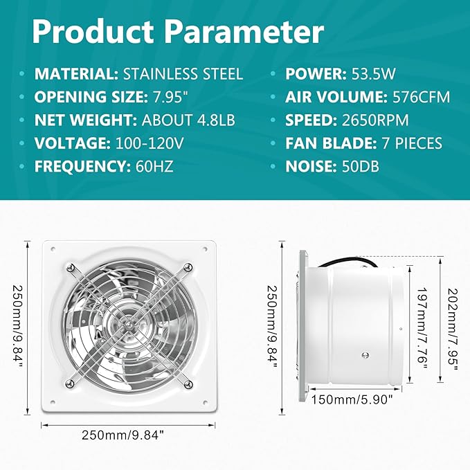 HG Power 8 Inch Exhaust Fan, Kitchen Exhaust Fan With Switch 576CFM Wall Mounted, Extractor Ventilation Fan For Attic, Greenhouse, Basement, Shed, White