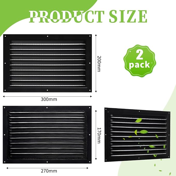 2 Pcs Attic Vent 8" X 12" Metal Shed Vents Louver Vent Grille Gable Vents with Screen Mesh for Indoor Outdoor Garage Attic Ceiling, Boost Ventilation and Guard Against Moisture (Black)