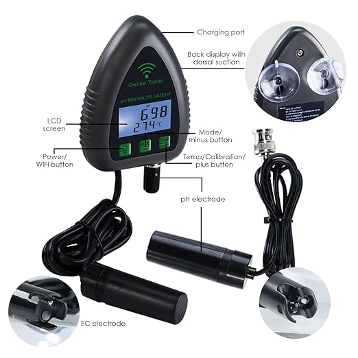 5-in-1 WiFi pH Meter Monitor, Water Quality Tester for pH TDS Salinity S.G Temperature, Tuya Smart APP Remote Monitoring with Alarm & Easy Calibration, for Aquarium Hydroponics