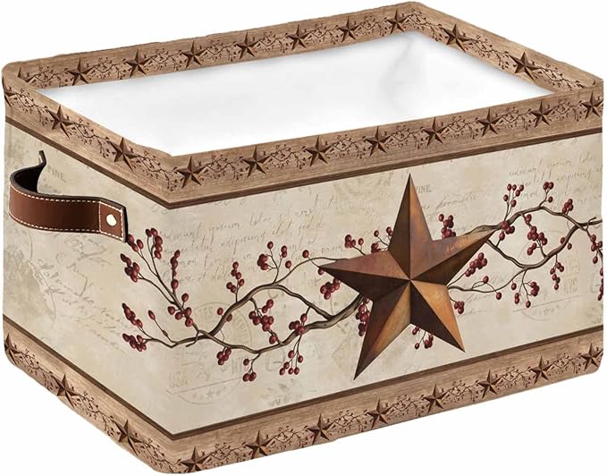 Farmhouse Texas Star Brown Storage Bins Cubes Waterproof Cloth Storage Basket, Berry Vintage Wooden Foldable Storage Bags for Shelf Closet Clothes Storages Organizers with Handles 15x11x9.5 in 1PCS