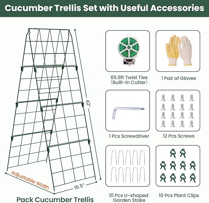 Cucumber Trellis, 48"x16" Adjustable A-Frame Trellis for Climbing Plants, Metal Foldable Upgraded Vegetable Trellis for Raised Bed, Support for Tomatoes, Squash, Zucchini, Vegetables & Flowers