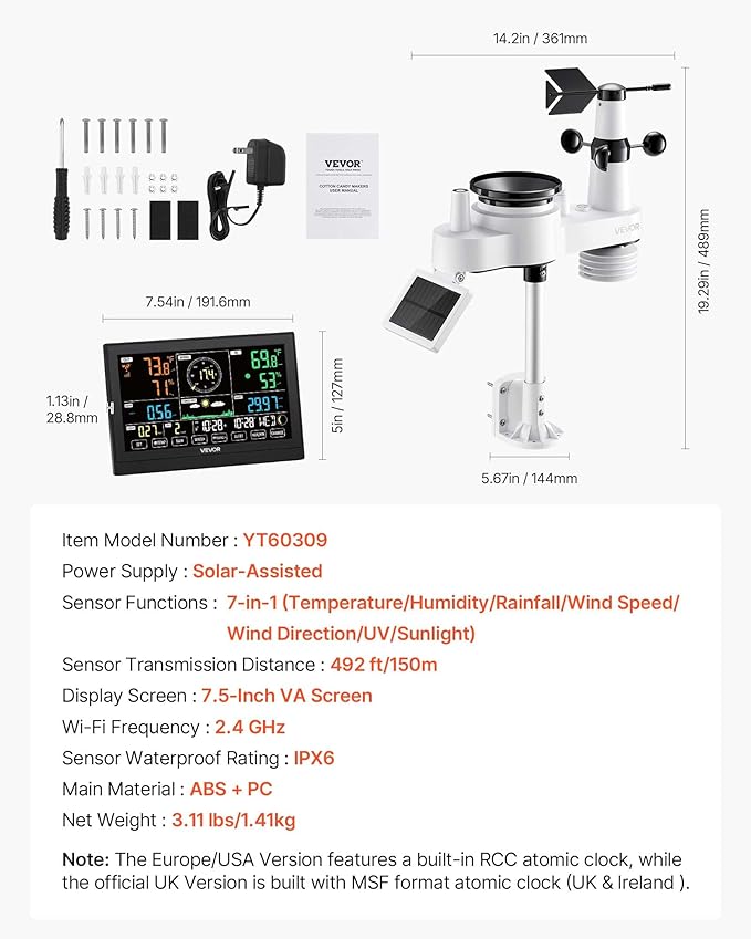 VEVOR 7-in-1 Wireless Weather Station, 7.5-Inch VA Display, Solar Powered Outdoor Sensor, Rain Gauge, Indoor Outdoor for Weather Forecast, Temperature, Humidity, Wind Speed and Direction (No WiFi)
