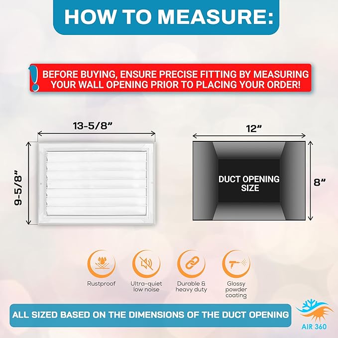 Aluminum 12 x 8 in (Duct Opening) 1-Way Air Duct Register Vent Cover for Ceiling and Wall - Modern HVAC Louver Vent Cover Adjustable – Durable Rustproof Wall Grille – Overall Size 13-5/8 x 9-5/8 Inch