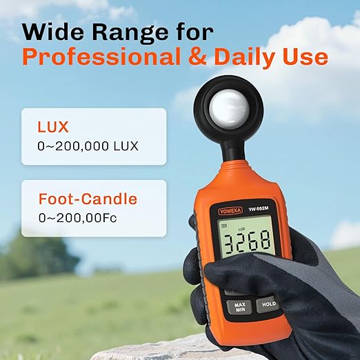 Digital Light Meter, 0-200,000 Lux (0-20,000 Foot Candles), Backlight, Max/Min, Data Hold, Lux/Fc Unit Switch, for Plants, Office, Indoor Lighting, and More