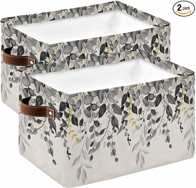 Grey Eucalyptus Storage Bins Cubes Waterproof Cloth Storage Basket, Farmhouse Weeping Leaves on Linen Foldable Storage Bags for Shelf Closet Clothes Storages Organizers with Handles 15x11x9.5 in 2PCS