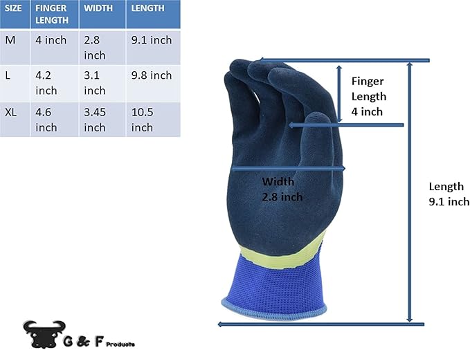 G & F 1537L-6 6 PAIR PACK Aqua Gardening women's Gloves with Double Microfoam Latex Water Resistant Palm， Women's Large Size