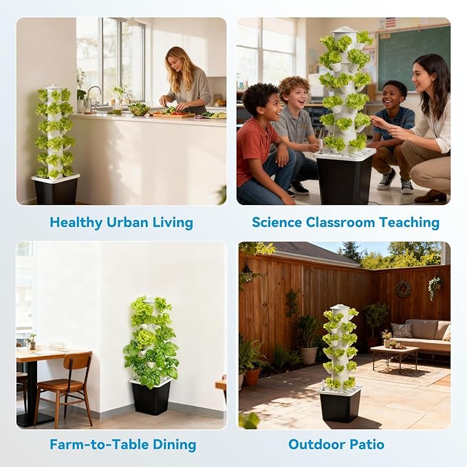 JESLED Hydroponic Tower with 5000K Full-Spectrum Grow Lights, Dual Timers for Auto Watering & Lighting, Hydroponics Growing System with 10L Water Tank, High 37", Indoor Herb Garden