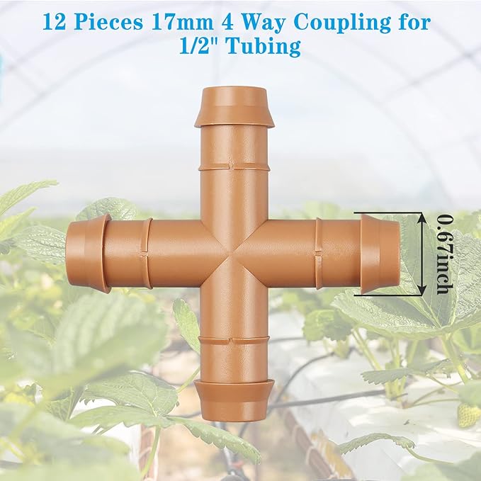Drip Irrigation Parts Cross Connector 1/2", 12 Pack Drip Irrigation Fittings Four Way Tee Connectors for 1/2 inch Hose Tubing, Barbed Drip Line Parts 4-Way Couplers for Patio Lawn Garden