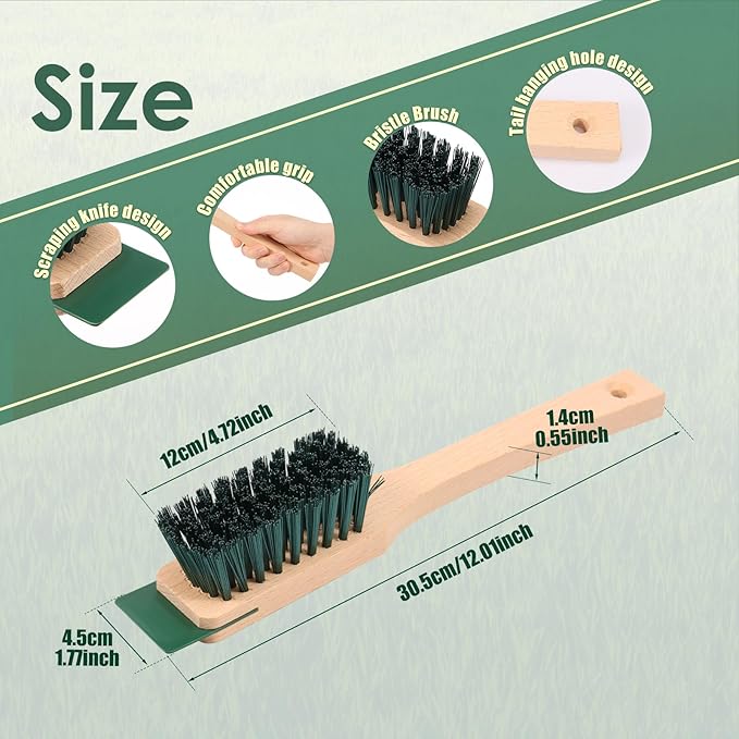 2 Pcs Lawn Mower Scrub Brush Universal Lawn Mower Stiff Bristle Brush with Scraper and Wood Handle for Deck Gutter Garden Tool Cleaning