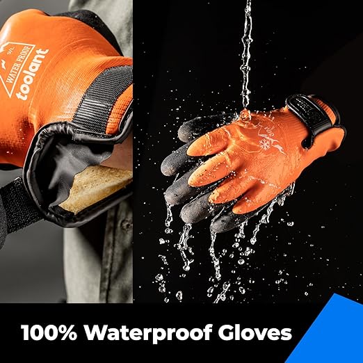 toolant 100% Waterproof Gloves for Men and Women, Winter Work Gloves for Cold Weather, Touchsreen, Thermal Insulated Freezer Gloves, With Grip, Orange, Large