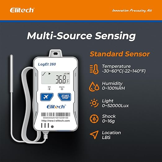 Elitech 4G Reusable Real-time Temperature Humidity Data Logger Light/Shock/Location, Built-in SIM Card,Shadow Data,Airplane mode,Cloud Storage,SMS/Email/APP/Web Alarm,100000 Points,Loget 260-THE-5Pack