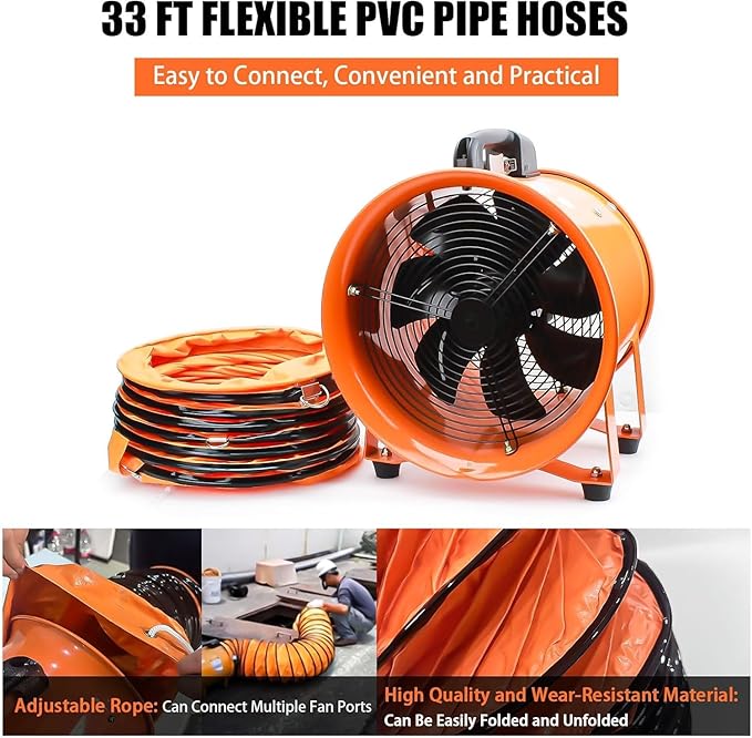 8-Inch High-Velocity Portable Utility Blower Fan, Industrial Exhaust Fan with 33ft Flexible Duct Hose, 3150 RPM Low-Noise Ventilator for Basements, Workshops, Warehouses, and Confined Spaces