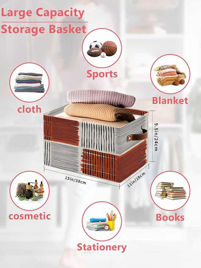 Brown Striped Storage Bins Cubes Waterproof Cloth Storage Basket, Farmhouse Stripes Modern Abstract Art Foldable Storage Bags for Shelf Clothes Storages Organizers with Handles 15x11x9.5 in 1PCS