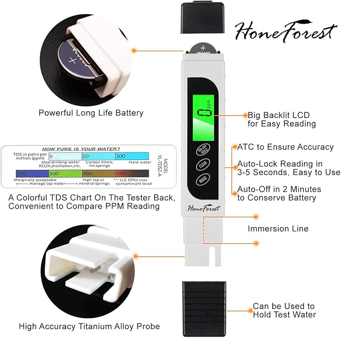 HoneForest TDS Meter, Digital Water Tester - Accurate and Reliable, Measures TDS, EC & Temperature (°F/°C), 0-9990ppm, Water Test Meter for Drinking Water, RO/DI System, Aquariums, etc