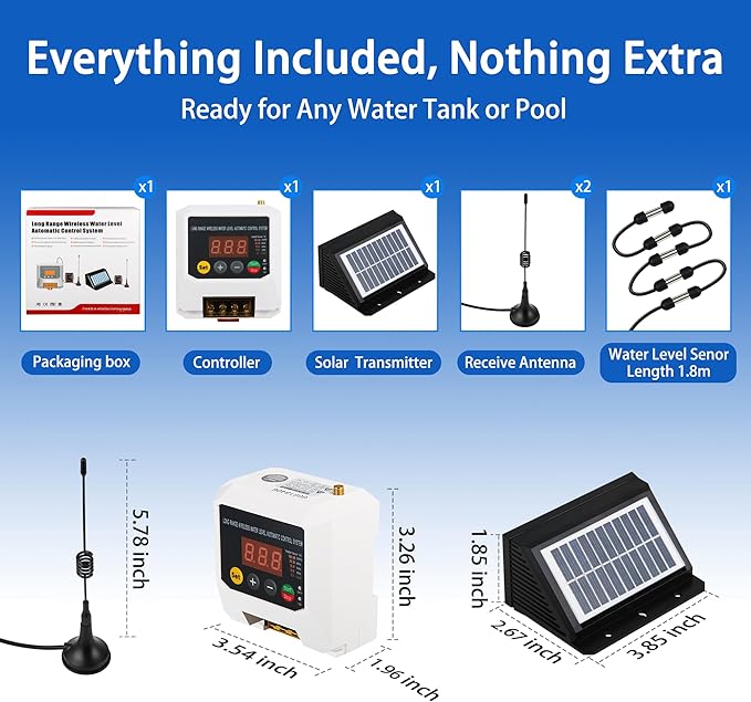 Long-Range Wireless Automatic Water Level Controller for Tank, Well & Cistern, Solar-Powered Digital Display Sensor, Prevents Pump Dry Run & Auto Water Filling System, 3KM Range