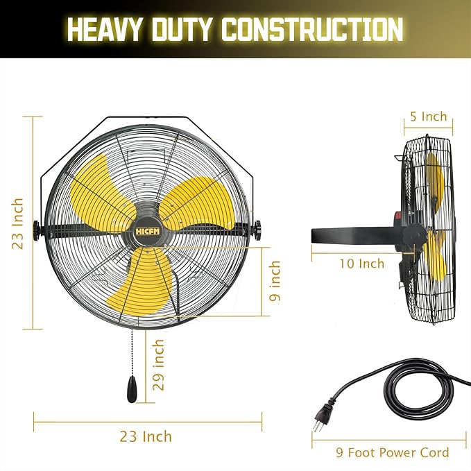 HiCFM 18" Wall Mount Fan, 4600 CFM 3 Speeds High Velocity with TEAO Enclosure Motor, 9 FT Cord, 180 Degree Tilting Heavy Duty Metal Fans for Barn, Garage, Workshop, Warehouse - UL Listed