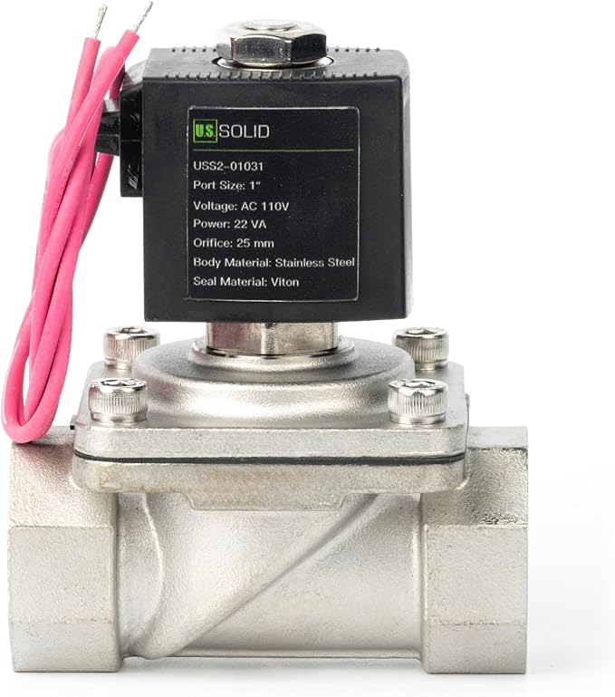 U.S. Solid 1" Stainless Steel Solenoid Valve - 110V AC Normally Closed Electric Solenoid Valve with Viton Seal, Lead Wire Type