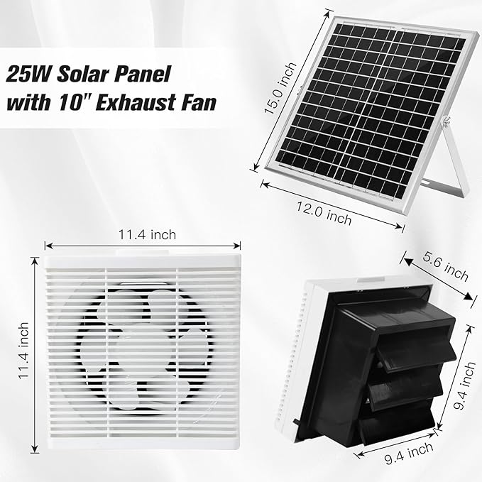blessny Solar Powered Exhaust Fan, 25W Solar Panel +10" Shutter Ventilation Vent Fan for Outside Greenhouse, Chicken Coop, Shed, Pet House