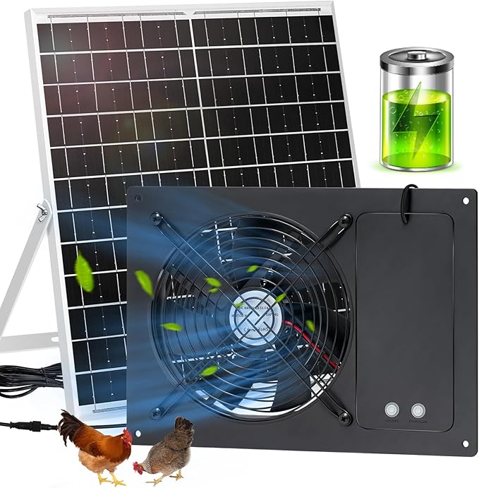 25W Solar Exhausted Fan with Battery, 2 Wind Speed, IP65 Waterproof 7.1" Solar Powered Ventilation Fan for Chicken Coop, Greenhouse, Shed and Dog House (16.4FT Cord)