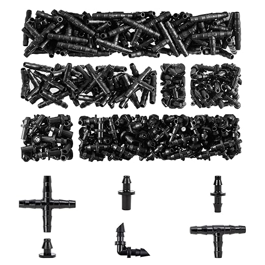 RAINFLOW Drip Irrigation Fittings Kit 1/4 Inch – Barbed Connectors, Tees, Elbows, End Plugs and Couplings, Tool-Free Drip Irrigation Parts for Garden, Greenhouse and Lawn Watering Systems