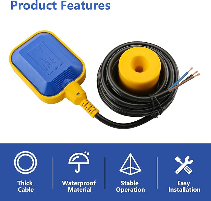 Baomain 10M 32ft Cable Float Switch, Water Level Controller, for Tank Pump, Water Tank or Sewage System On Auto Pilot, with Counterweight