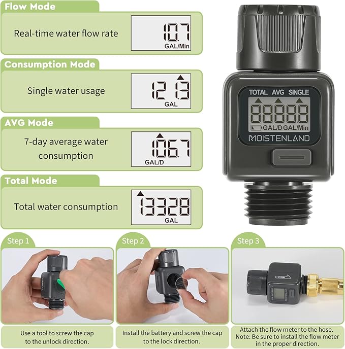 Moistenland Water Flow Meter, Standard 3/4" Hose Thread, High Accuracy and IPX6 Waterproof, Water Meter for Garden Hose/RVs