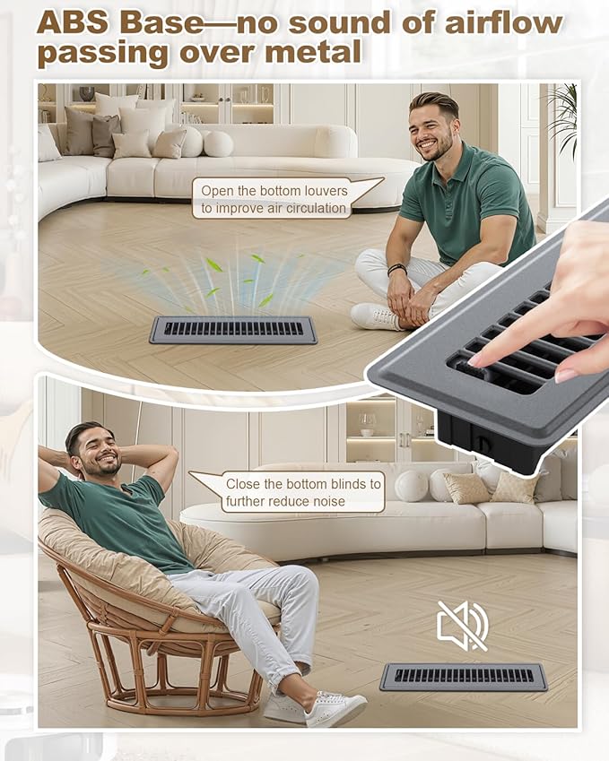 2 x 12 Floor Register, 4 Pack – Gray Vent Covers for Home Floor, Anti-Rust Coated Metal Surfaces with Adjustable Airflow Control Lever, Ideal for HVAC Systems, Living Room & Bedroom Floor Vents
