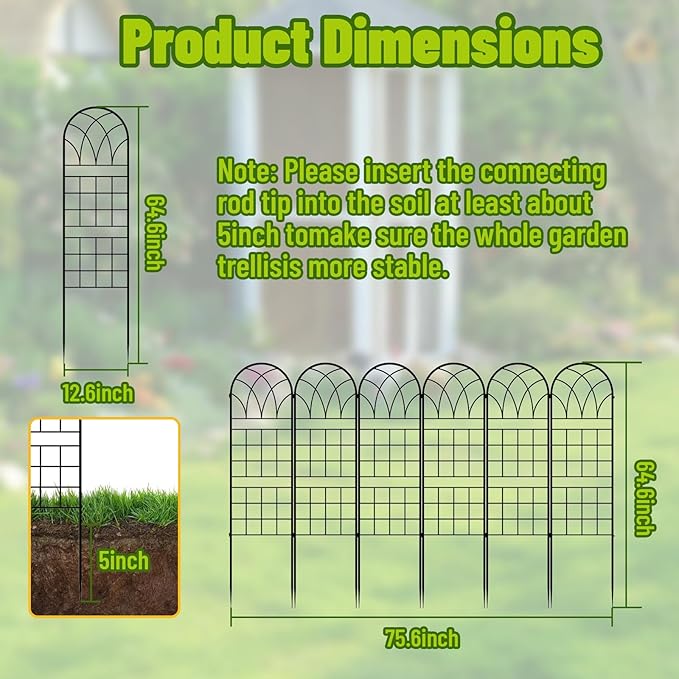 Garden Trellis for Climbing Plants, 6 Pack 75.6" Wx 64.6" H Rustproof Flower Trellis with Black Coating, Outdoor Climbing Rose Trellis Cucumbers Support for Courtyards Lawns (Square Grid, 6 Pieces)