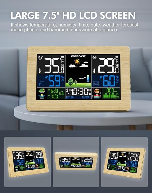 Weather Station Wireless Indoor Outdoor, Digital Thermometer with Remote Sensor, Large Display Home Weather Stations with Weather Forecast, Atomic Clock, Barometric Pressure, Moon Phase