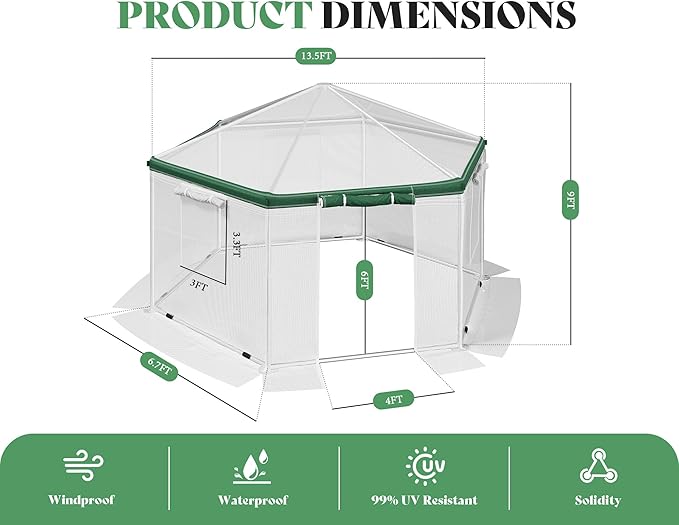 AMERLIFE 13.5x13.5x9 FT Hexagonal Walk-in Greenhouse for Outdoors, Heavy-Duty Greenhouse with Windbreak Ropes, Waterproof PE Cover, Ground Stakes, Tunnel Green House for Garden, White/Green