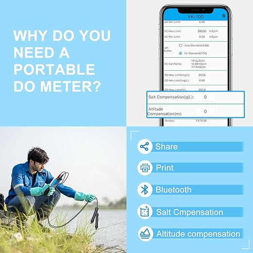 YINMIK Handheld Dissolved Oxygen Meter, Smart DO Meter with Salinity and Altitude Compensation, Portable 6 in 1 pH DO SALT EC TDS Tester for Koi pond Aquaculture Environment Monitor Scientific Brewing
