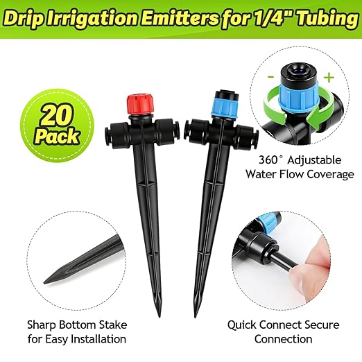20 Pack Two Way Quick Connect Drip Emitters Set for 1/4" Irrigation Tubing, Adjustable 360 Degree Water Flow Irrigation Sprayer Vortex Emitter+Stream Dripper for Garden Watering System