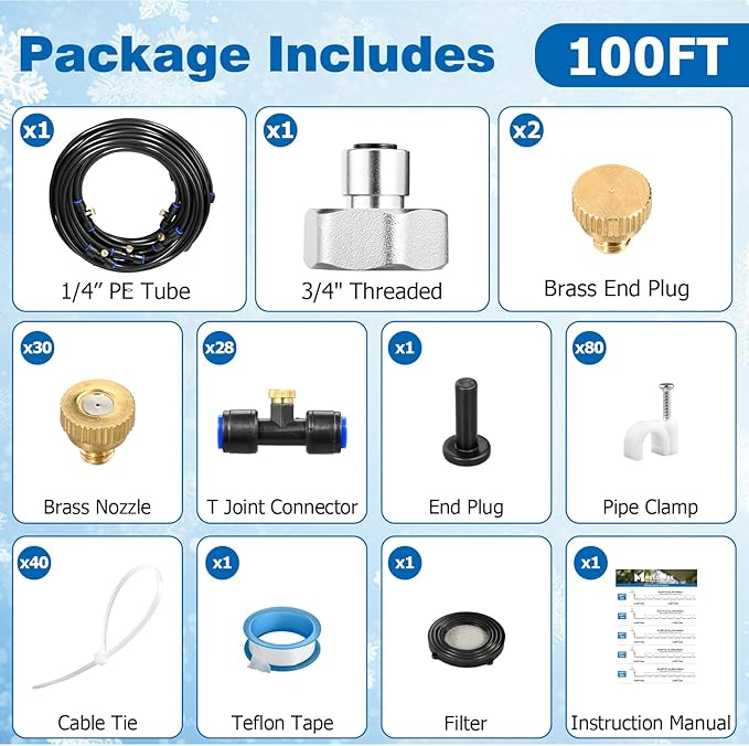 Mellbree Misters for Outside Patio 100FT/30M, Pre-Assembled Misting Cooling System with 30 Brass Nozzles & 3/4" Adapter, Outdoor Mister for Garden, Backyard, Livestock Ranch, Greenhouse, Pool Area