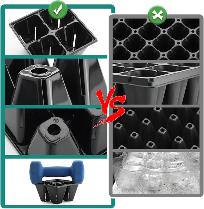 RooTrimmer 40 Pack Reusable 4-Cell Seed Starter Tray for Seedlings, Deep Large Cell Plant Starter Trays with Drainage Holes for Seed Germination, Easy Transplant, Fits Standard 1020 Flats, Black