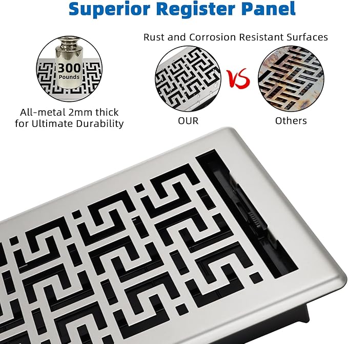 Floor Registers 6x10 Inches - 3 Pack Heavy Duty Walkable Steel Floor Vents Ease Adjust Air Flow Direction Vent Covers for Home Floor Satin Nickel Floor Vent Covers