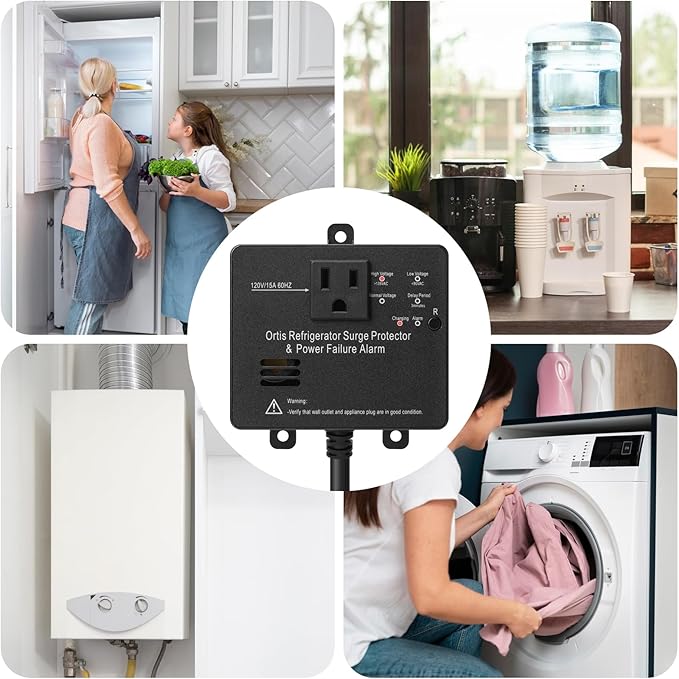 Ortis Refrigerator Surge Protector & Power Failure Alarm, Protects Against Voltage Abnormalities, with LED Indicator Light & 110dB Alarm, Ideal for Refrigerators, Freezers, and Sewage, Black