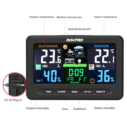 Wireless Weather Station with Outdoor Remote Sensor Indoor/Out Temperature and Humidity Alarm Clock Calendar Weather Forecaster with Color LCD Display