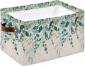 Teal Green Eucalyptus Storage Bins Cubes Waterproof Cloth Storage Basket,Farmhouse Weeping Leaves Linen Foldable Storage Bags for Shelf Clothes Storages Organizers with Handles 15x11x9.5 in 1PCS
