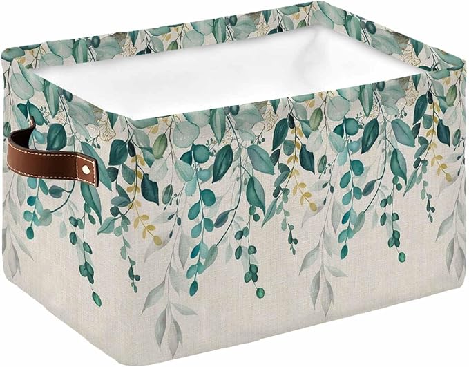 Teal Green Eucalyptus Storage Bins Cubes Waterproof Cloth Storage Basket,Farmhouse Weeping Leaves Linen Foldable Storage Bags for Shelf Clothes Storages Organizers with Handles 15x11x9.5 in 1PCS