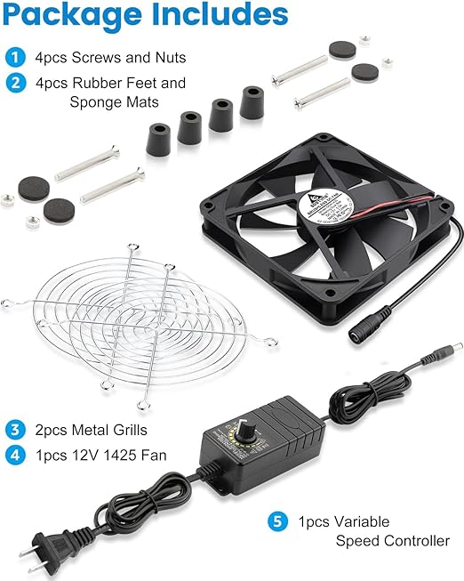 GDSTIME 140mm x 25mm Computer Fan with AC Plug, 110V 120V 220V 240V AC Powered Variable Speed Controller 4V to 12V for Biltong Dryer Box Receiver Amplifier PlayStation Component Cooling