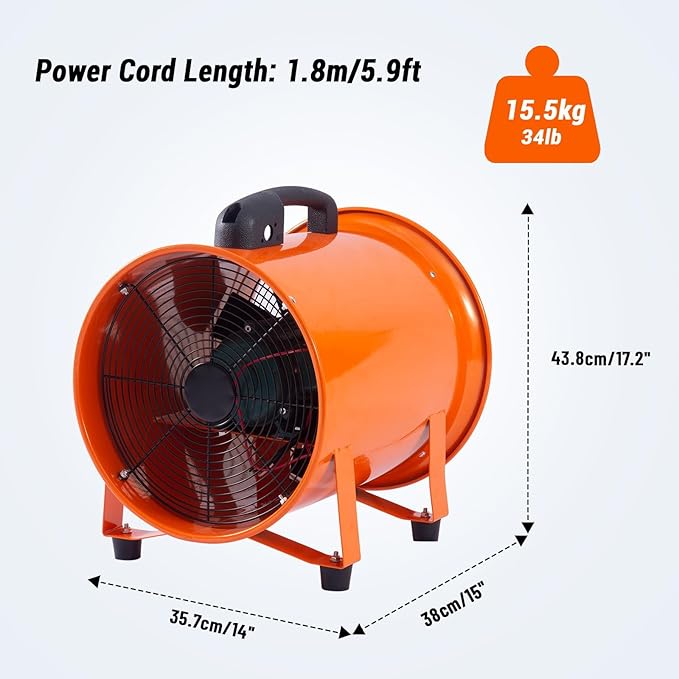 Portable Utility Blower Fan with 16.5ft Duct Hose, 12" 580W 3500 CFM Heavy-Duty Exhaust Fan, High-Speed Industrial Blower for Workshop Ventilation, Crawl Spaces, Basement, and Confined Areas