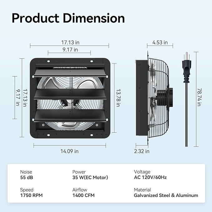 addlon 16 Inch Shutter Exhaust Fan Wall Mounted with 60W EC Motors and Remote Control,1700CFM, Timer, 8 Speeds, Low Noise, Easy to Install, Plug in Ventilation Fan for Garages, Shops, Greenhouse, Shed