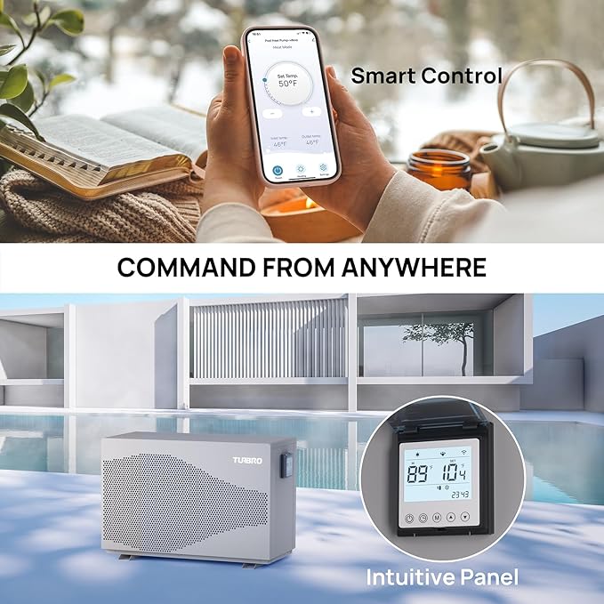 TURBRO 58,000 BTU DC Inverter Swimming Pool Heat Pump, WiFi Control Electric Pool Heater for Above and Inground Pools up to 18,000 Gal, Heating and Cooling, Up to 15.8 COP, 220-240V, Beluga B58V